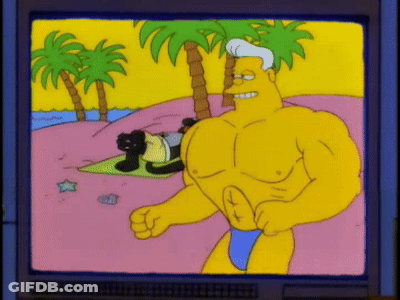 A Cartoon Of A Man Standing On A Beach With Palm Trees GIF