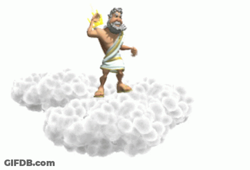 A Cartoon Of A Man Standing On A Cloud With A Torch GIF