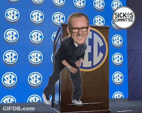 A Cartoon Of A Man Standing On A Podium With The Sec Logo Behind Him GIF