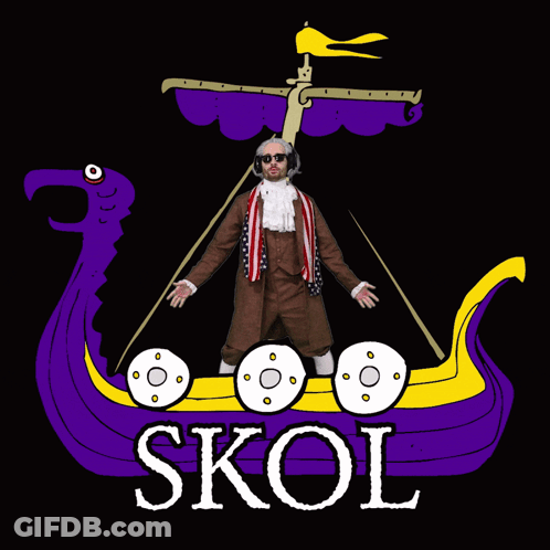 A Cartoon Of A Man Standing On A Purple And Yellow Ship With The Word Skol On It GIF