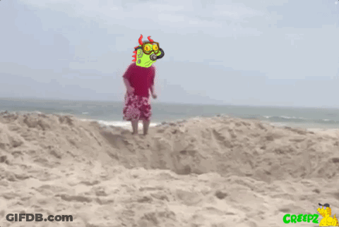 A Cartoon Of A Man Standing On A Sandy Beach With A Creepz Logo In The Corner GIF