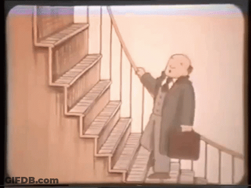 A Cartoon Of A Man Standing On A Set Of Stairs With A Briefcase GIF