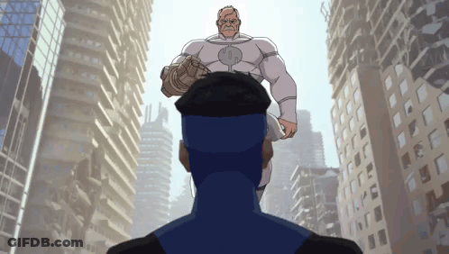 A Cartoon Of A Man Standing On Another Man 'S Head In A City GIF