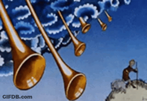 A Cartoon Of A Man Standing On Top Of A Hill With Trumpets Flying In The Sky . GIF