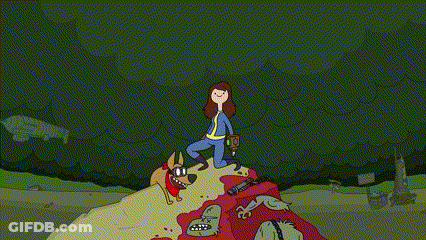 A Cartoon Of A Man Standing On Top Of A Pile Of Dead Zombies With The Words Fallout Time In Green Letters GIF