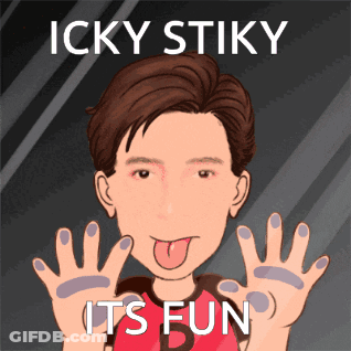 A Cartoon Of A Man Sticking His Tongue Out With The Words Icky Stiky Its Fun Above Him GIF