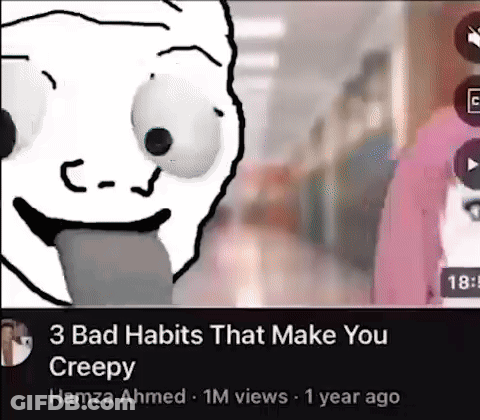 A Cartoon Of A Man Sticking Out His Tongue With The Words `` 3 Bad Habits That Make You Creepy '' Written Below It . GIF