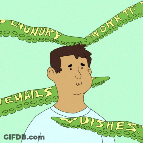 A Cartoon Of A Man Surrounded By Green Tentacles That Say Laundry Work And No Dishes GIF