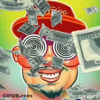A Cartoon Of A Man Surrounded By Money With The Words Gif Guru At The Bottom GIF