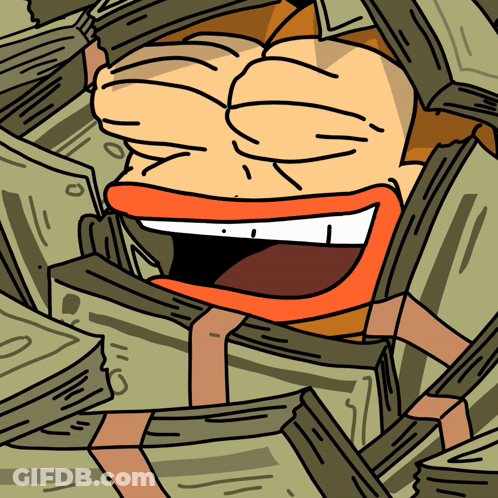 A Cartoon Of A Man Surrounded By Stacks Of Money With A Smiley Face GIF