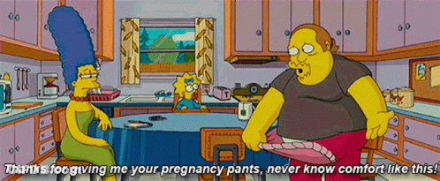 A Cartoon Of A Man Taking Off His Pants With The Words " Thanks For Giving Me Your Pregnancy Pants Never Know Comfort Li GIF