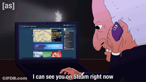 A Cartoon Of A Man Talking On A Cell Phone While Looking At A Laptop Screen That Says I Can See You GIF