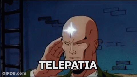 A Cartoon Of A Man Talking On A Cell Phone With A Light Coming Out Of His Head And The Word Telepatia . GIF