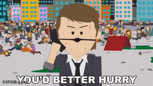 A Cartoon Of A Man Talking On A Cell Phone With The Words You 'D Better Hurry Below Him GIF