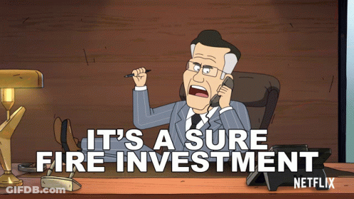 A Cartoon Of A Man Talking On A Phone With The Words " It 'S A Sure Fire Investment " Below Him GIF