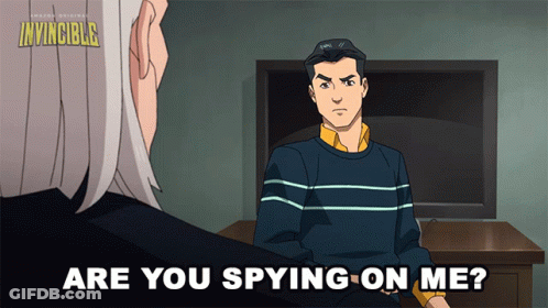 A Cartoon Of A Man Talking To Another Man With The Words " Are You Spying On Me " GIF