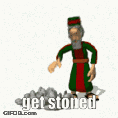 A Cartoon Of A Man Throwing A Rock And The Words `` Get Stoned '' Below Him . GIF