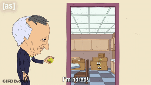 A Cartoon Of A Man Throwing An Egg With The Words I 'M Bored Below It GIF
