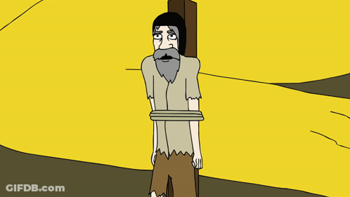 A Cartoon Of A Man Tied To A Pole With The Caption " Is There No Gallant Hero To Save Me In My Time Of Need ? " GIF