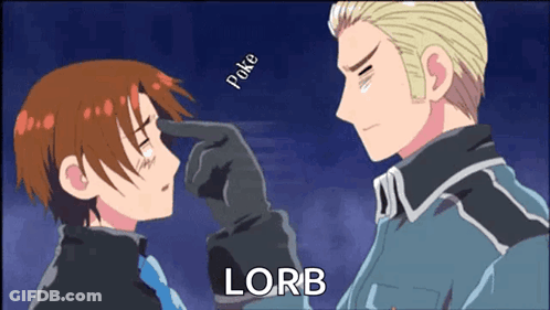 A Cartoon Of A Man Touching Another Man 'S Nose With The Word Lorb On The Bottom Right GIF