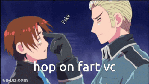 A Cartoon Of A Man Touching Another Man 'S Nose With The Words Hop On Fart Vc Below Them GIF
