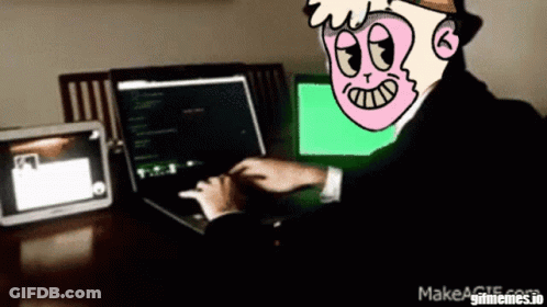 A Cartoon Of A Man Typing On A Laptop With Makeagif.com In The Lower Right Corner GIF