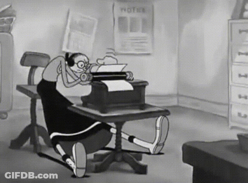 A Cartoon Of A Man Using A Typewriter With A Notice Poster Behind Him GIF