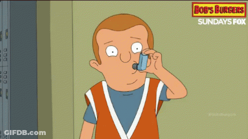 A Cartoon Of A Man Using An Inhaler With A Bob 'S Burgers Sign In The Background GIF
