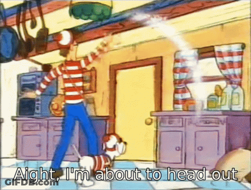 A Cartoon Of A Man Walking A Dog With The Words Aight I 'M About To Head Out Below Him GIF