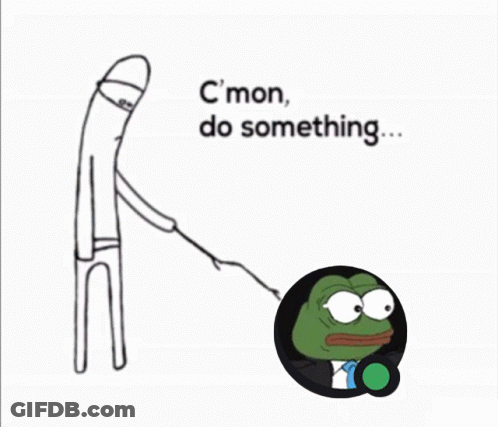 A Cartoon Of A Man Walking A Frog On A Leash With The Words " C'mon Do Something " Above It GIF