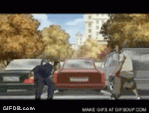 A Cartoon Of A Man Walking Across A Street With Cars In The Background GIF