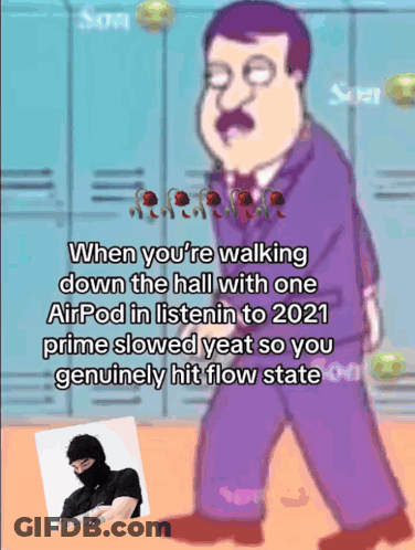 A Cartoon Of A Man Walking Down The Hall With One Airpod GIF