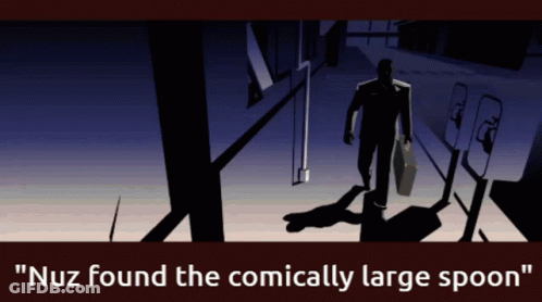 A Cartoon Of A Man Walking With The Words " Nuz Found The Comically Large Spoon " Below Him GIF