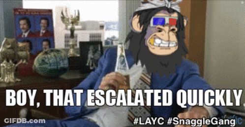 A Cartoon Of A Man Wearing 3D Glasses And A Tie With The Caption " Doy That Escalated Quickly " GIF