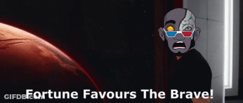 A Cartoon Of A Man Wearing 3D Glasses With The Words Fortune Favours The Brave On The Bottom GIF