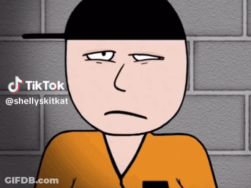A Cartoon Of A Man Wearing A Black Hat And An Orange Shirt With The Words Tiktok @Shellyskitkat Below Him GIF