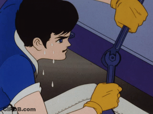 A Cartoon Of A Man Wearing A Blue Shirt And Yellow Gloves GIF