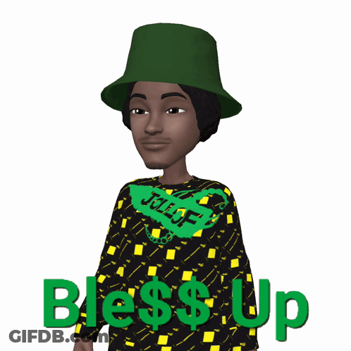 A Cartoon Of A Man Wearing A Green Hat And A Sweater That Says Bless Up On It GIF