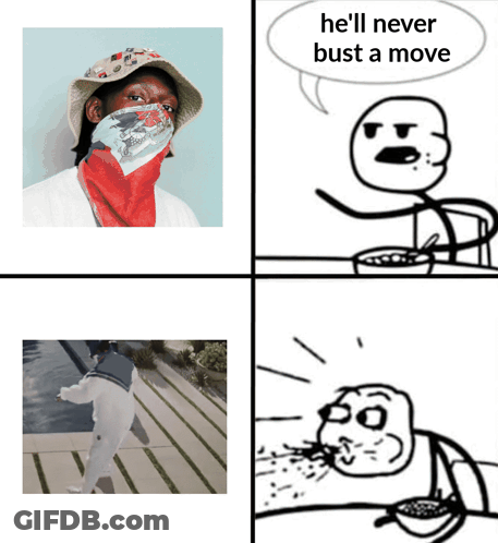 A Cartoon Of A Man Wearing A Hat And A Bandana With The Words He 'Ll Never Bust A Move GIF