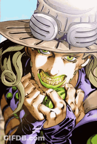 A Cartoon Of A Man Wearing A Hat And Goggles Eating Something GIF