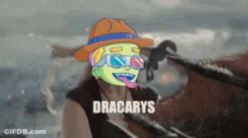 A Cartoon Of A Man Wearing A Hat And Sunglasses With The Word Dracarys On The Bottom GIF