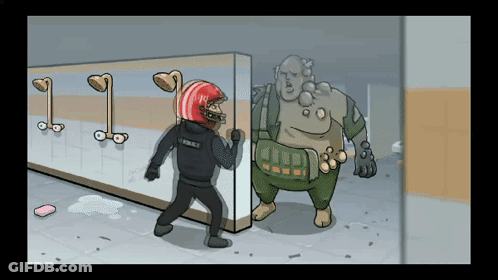 A Cartoon Of A Man Wearing A Helmet That Says Police On It GIF