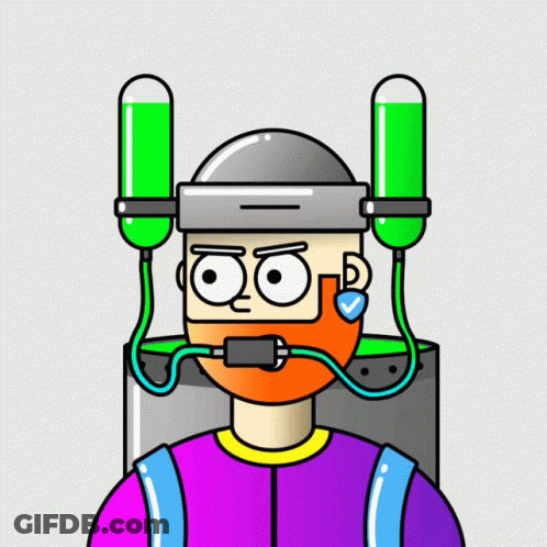 A Cartoon Of A Man Wearing A Helmet With Two Green Tubes Coming Out Of It GIF