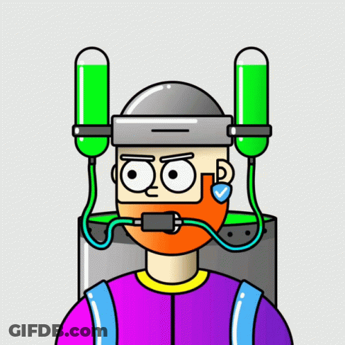 A Cartoon Of A Man Wearing A Helmet With Two Green Tubes Coming Out Of It GIF