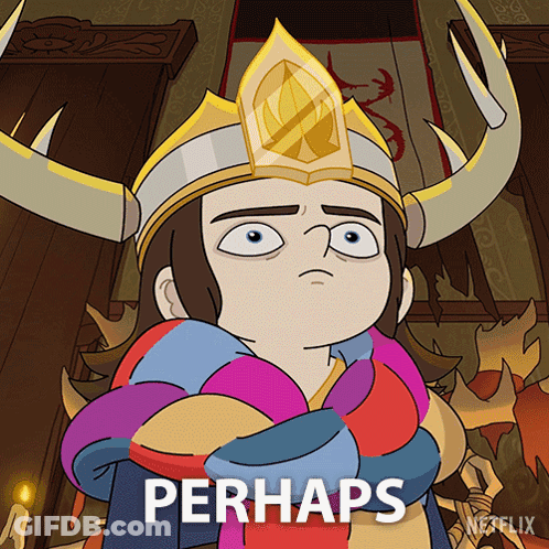 A Cartoon Of A Man Wearing A Horned Helmet With The Word Perhaps On The Bottom GIF