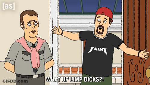 A Cartoon Of A Man Wearing A Jaint Shirt Talking To Another Man GIF
