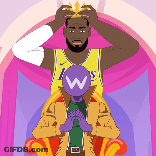 A Cartoon Of A Man Wearing A Lakers Jersey Putting A Crown On Another Man GIF
