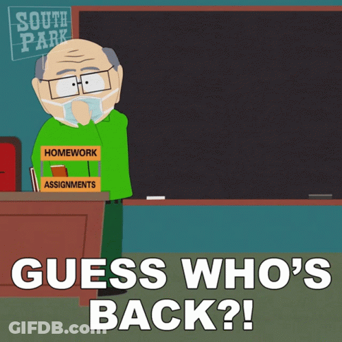 A Cartoon Of A Man Wearing A Mask Holding A Box Of Homework Assignments In Front Of A South Park Sign GIF