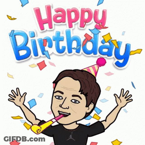 A Cartoon Of A Man Wearing A Party Hat And Blowing A Party Horn With The Words Happy Birthday Behind Him GIF