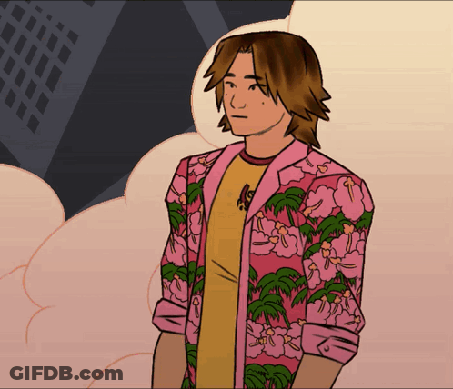 A Cartoon Of A Man Wearing A Pink Floral Jacket GIF